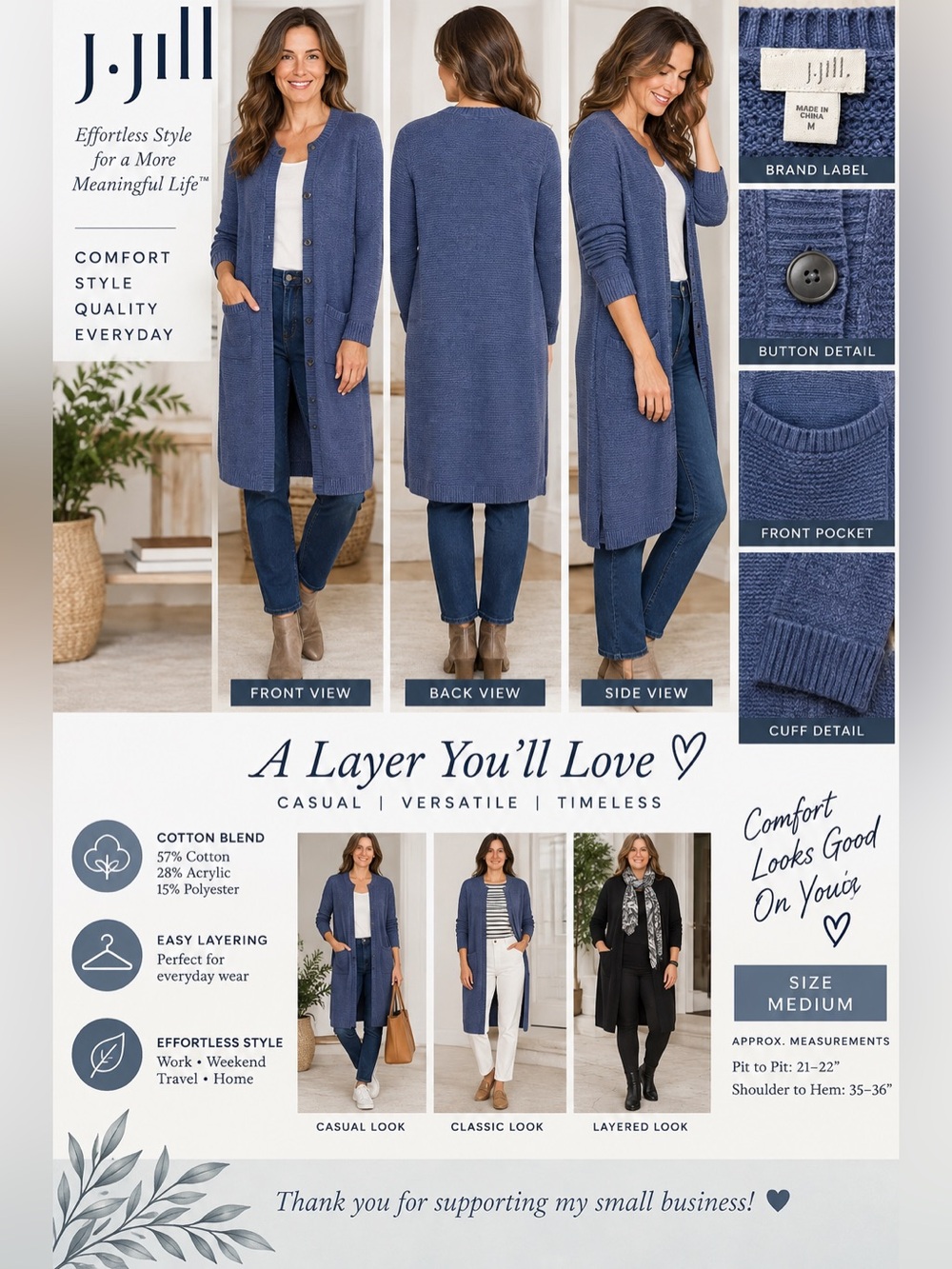 J.Jill Women’s M Blue Long Duster Cardigan Button Front Textured Knit Pockets